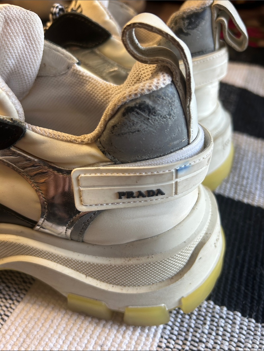 Prada Chunky Lace-Up Sneakers in Cream, Black & Gray - Picture 9 of 10